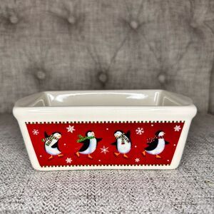 Christmas Vintage Holiday Nantucket Penguins Mini Small Loaf Pan Ceramic